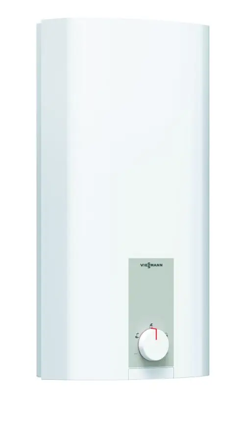 Weißer Durchlauferhitzer von Viessmann, mit einem runden, rot markierten Bedienelement und einem minimalistischen Design, montiert an einer glatten Wand.